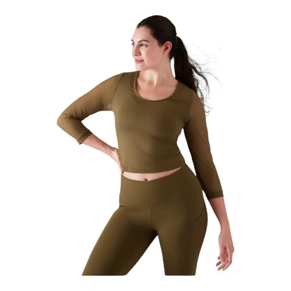 Athleta Pacer Mesh Top Cropped Acacia Olive Extra Large NWOT